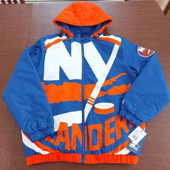 Starter New York Islanders Big Logo Jacket Hooded Blue Orange NHL Men's Size L - Picture 1 of 4